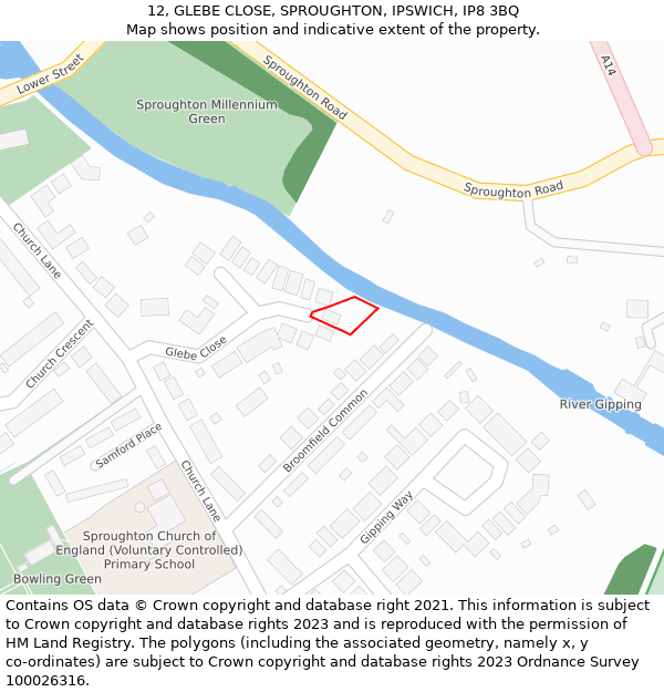 12, GLEBE CLOSE, SPROUGHTON, IPSWICH, IP8 3BQ: Location map and indicative extent of plot