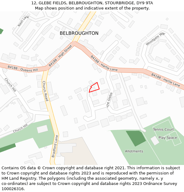 12, GLEBE FIELDS, BELBROUGHTON, STOURBRIDGE, DY9 9TA: Location map and indicative extent of plot