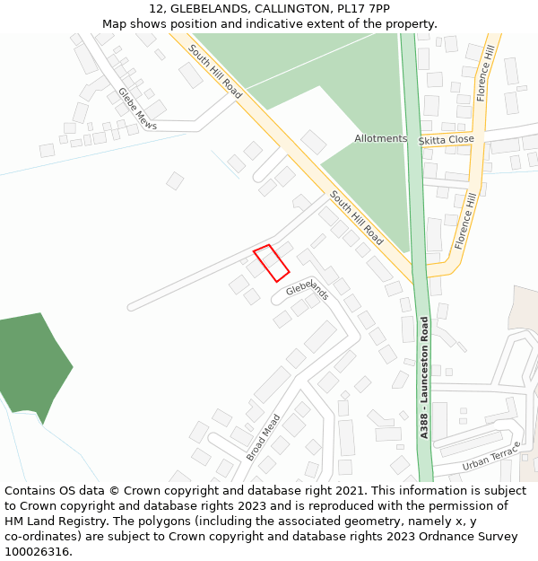 12, GLEBELANDS, CALLINGTON, PL17 7PP: Location map and indicative extent of plot