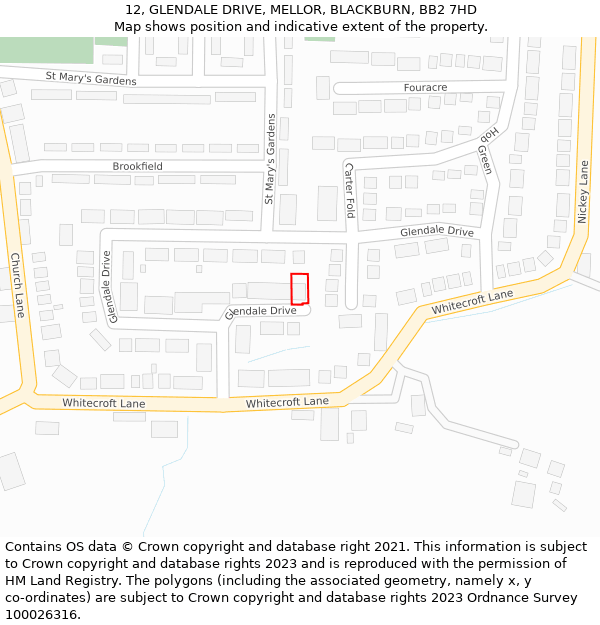 12, GLENDALE DRIVE, MELLOR, BLACKBURN, BB2 7HD: Location map and indicative extent of plot