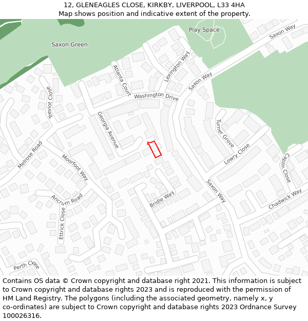 12, GLENEAGLES CLOSE, KIRKBY, LIVERPOOL, L33 4HA: Location map and indicative extent of plot
