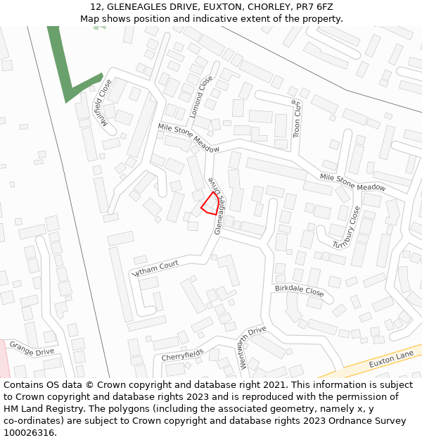 12, GLENEAGLES DRIVE, EUXTON, CHORLEY, PR7 6FZ: Location map and indicative extent of plot