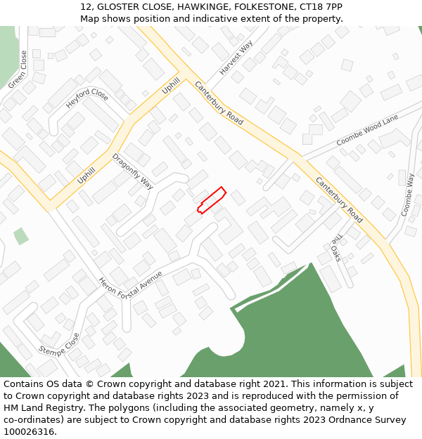 12, GLOSTER CLOSE, HAWKINGE, FOLKESTONE, CT18 7PP: Location map and indicative extent of plot