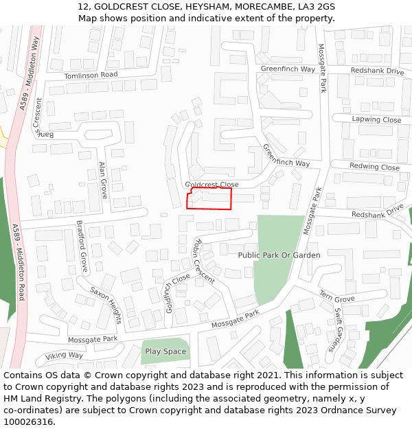 12, GOLDCREST CLOSE, HEYSHAM, MORECAMBE, LA3 2GS: Location map and indicative extent of plot