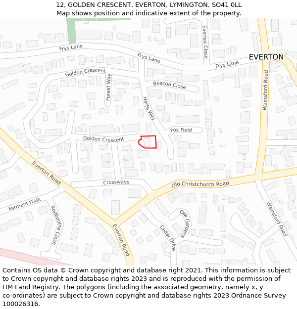 12, GOLDEN CRESCENT, EVERTON, LYMINGTON, SO41 0LL: Location map and indicative extent of plot