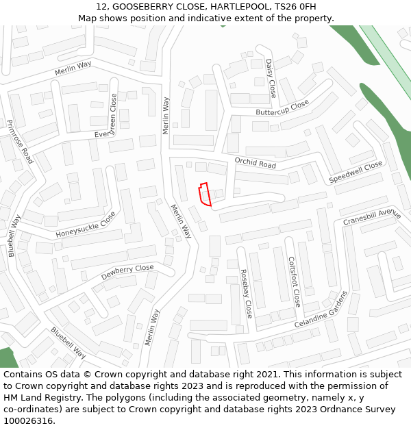 12, GOOSEBERRY CLOSE, HARTLEPOOL, TS26 0FH: Location map and indicative extent of plot