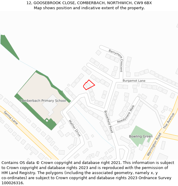 12, GOOSEBROOK CLOSE, COMBERBACH, NORTHWICH, CW9 6BX: Location map and indicative extent of plot