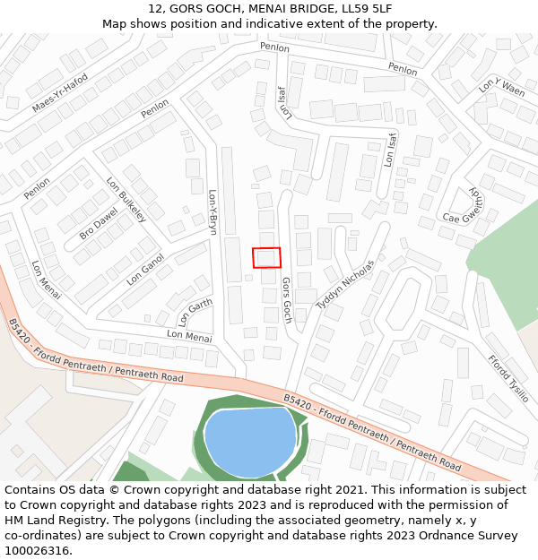 12, GORS GOCH, MENAI BRIDGE, LL59 5LF: Location map and indicative extent of plot