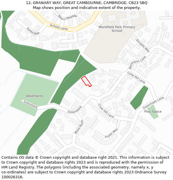 12, GRANARY WAY, GREAT CAMBOURNE, CAMBRIDGE, CB23 5BQ: Location map and indicative extent of plot