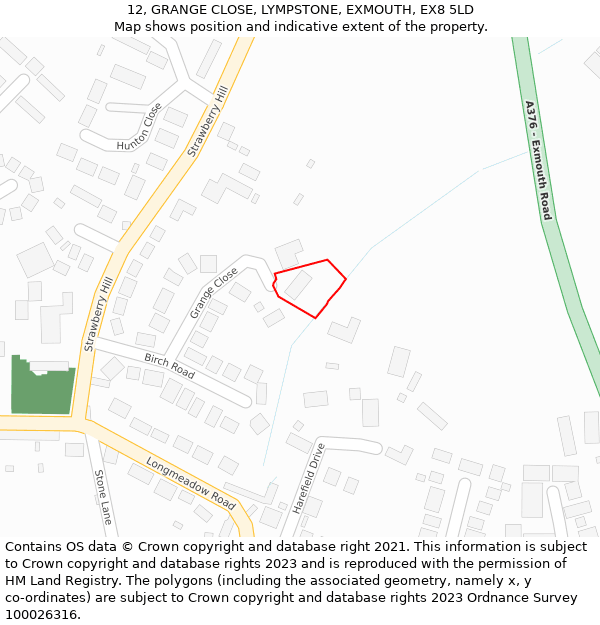 12, GRANGE CLOSE, LYMPSTONE, EXMOUTH, EX8 5LD: Location map and indicative extent of plot