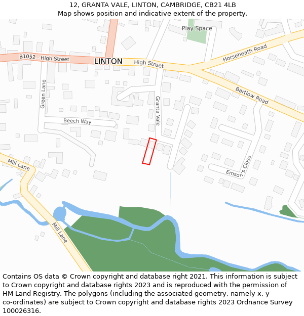 12, GRANTA VALE, LINTON, CAMBRIDGE, CB21 4LB: Location map and indicative extent of plot