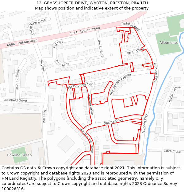12, GRASSHOPPER DRIVE, WARTON, PRESTON, PR4 1EU: Location map and indicative extent of plot