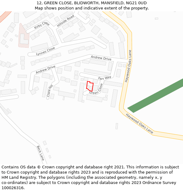 12, GREEN CLOSE, BLIDWORTH, MANSFIELD, NG21 0UD: Location map and indicative extent of plot