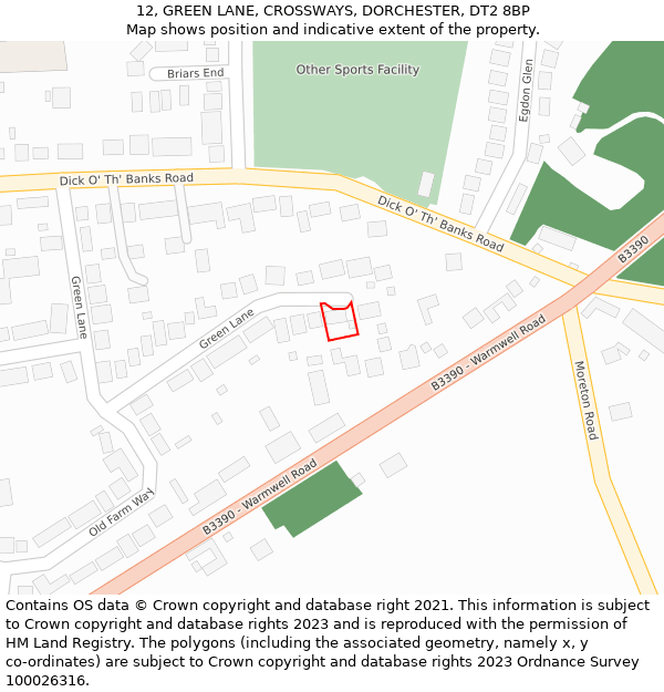 12, GREEN LANE, CROSSWAYS, DORCHESTER, DT2 8BP: Location map and indicative extent of plot