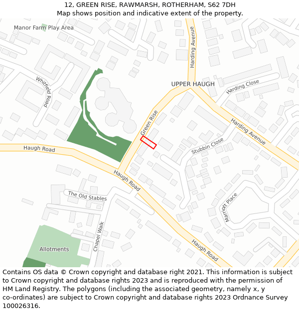 12, GREEN RISE, RAWMARSH, ROTHERHAM, S62 7DH: Location map and indicative extent of plot