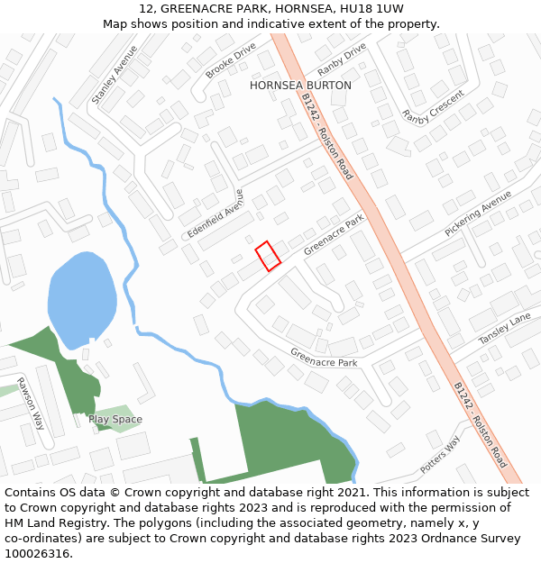 12, GREENACRE PARK, HORNSEA, HU18 1UW: Location map and indicative extent of plot