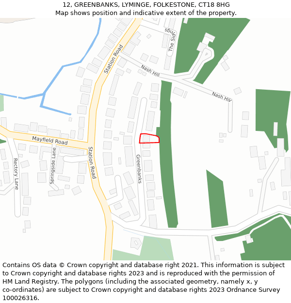 12, GREENBANKS, LYMINGE, FOLKESTONE, CT18 8HG: Location map and indicative extent of plot