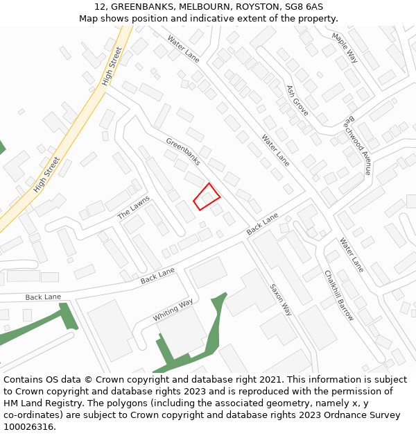 12, GREENBANKS, MELBOURN, ROYSTON, SG8 6AS: Location map and indicative extent of plot