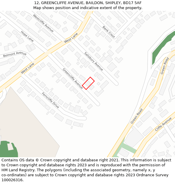 12, GREENCLIFFE AVENUE, BAILDON, SHIPLEY, BD17 5AF: Location map and indicative extent of plot