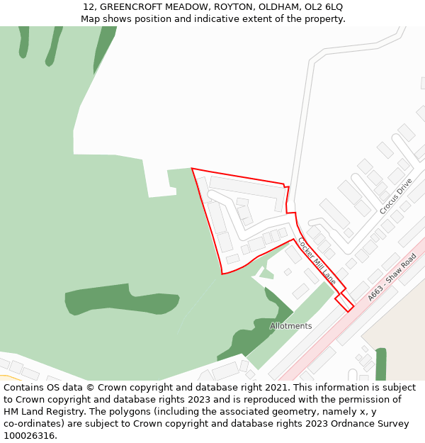 12, GREENCROFT MEADOW, ROYTON, OLDHAM, OL2 6LQ: Location map and indicative extent of plot