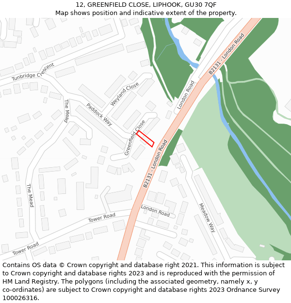 12, GREENFIELD CLOSE, LIPHOOK, GU30 7QF: Location map and indicative extent of plot