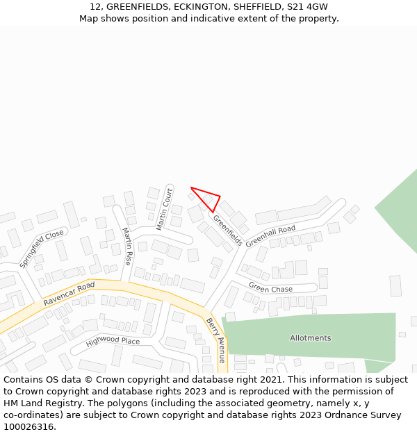 12, GREENFIELDS, ECKINGTON, SHEFFIELD, S21 4GW: Location map and indicative extent of plot