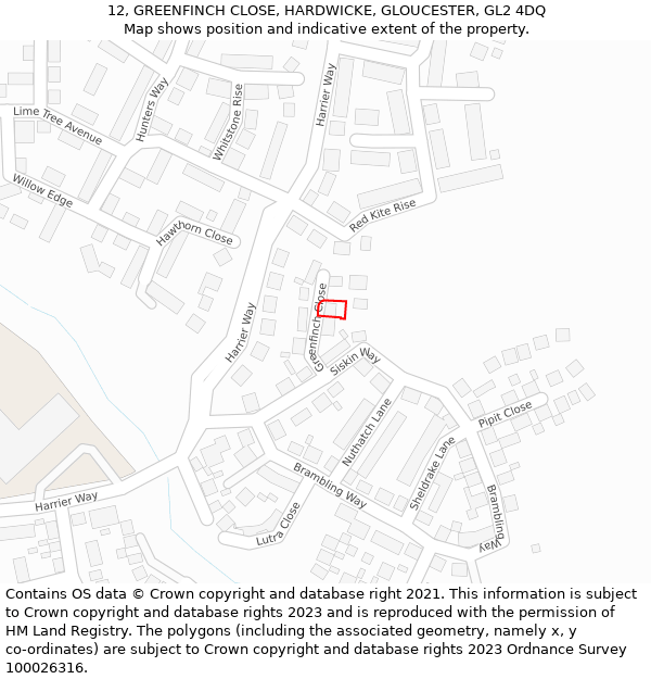 12, GREENFINCH CLOSE, HARDWICKE, GLOUCESTER, GL2 4DQ: Location map and indicative extent of plot