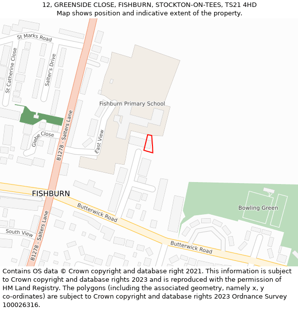 12, GREENSIDE CLOSE, FISHBURN, STOCKTON-ON-TEES, TS21 4HD: Location map and indicative extent of plot