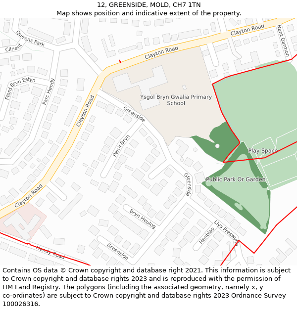 12, GREENSIDE, MOLD, CH7 1TN: Location map and indicative extent of plot