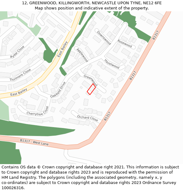 12, GREENWOOD, KILLINGWORTH, NEWCASTLE UPON TYNE, NE12 6FE: Location map and indicative extent of plot