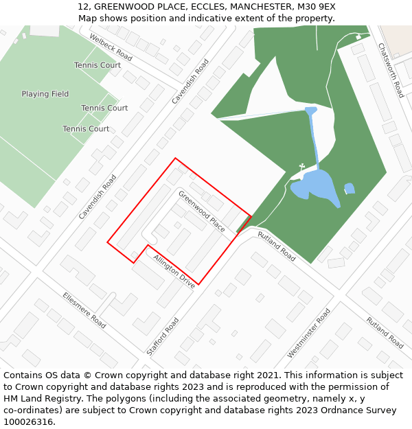 12, GREENWOOD PLACE, ECCLES, MANCHESTER, M30 9EX: Location map and indicative extent of plot