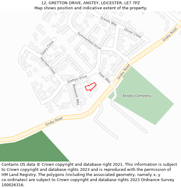 12, GRETTON DRIVE, ANSTEY, LEICESTER, LE7 7PZ: Location map and indicative extent of plot