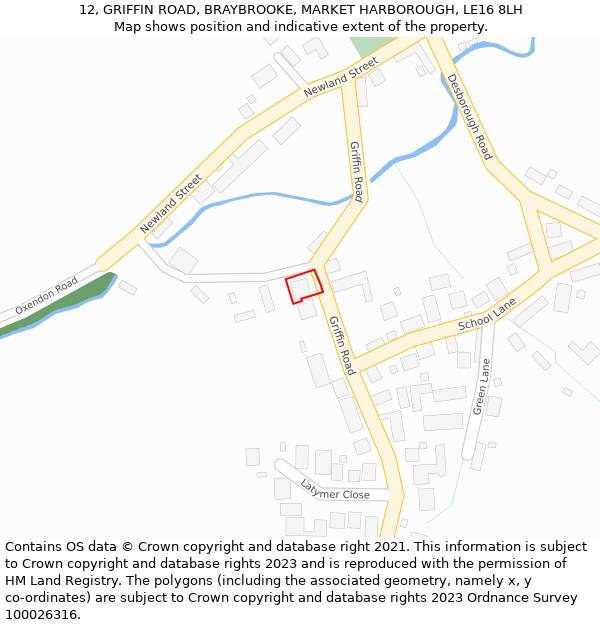 12, GRIFFIN ROAD, BRAYBROOKE, MARKET HARBOROUGH, LE16 8LH: Location map and indicative extent of plot