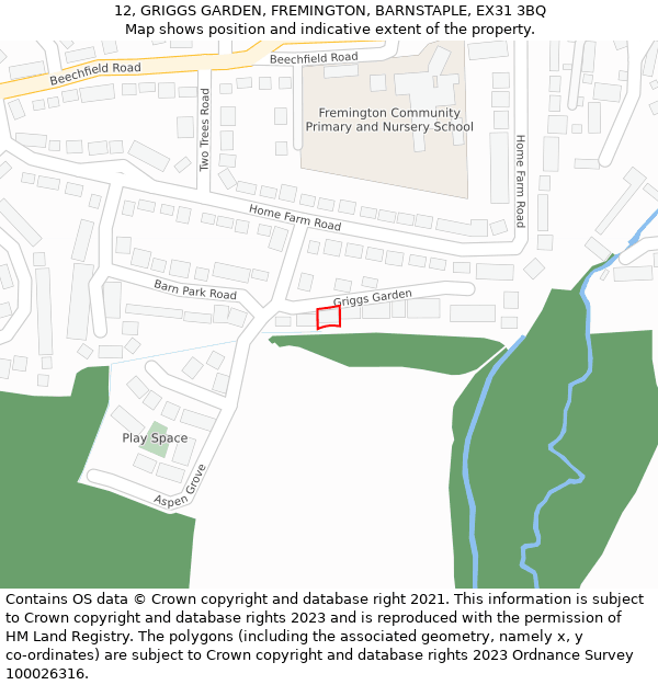 12, GRIGGS GARDEN, FREMINGTON, BARNSTAPLE, EX31 3BQ: Location map and indicative extent of plot