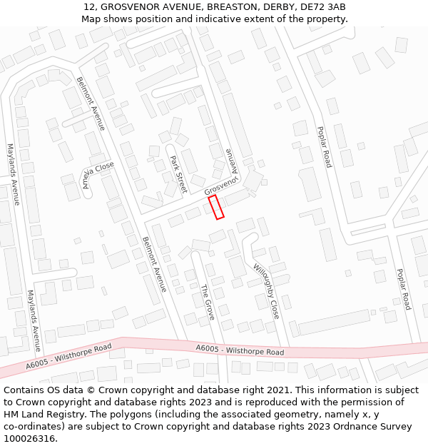 12, GROSVENOR AVENUE, BREASTON, DERBY, DE72 3AB: Location map and indicative extent of plot