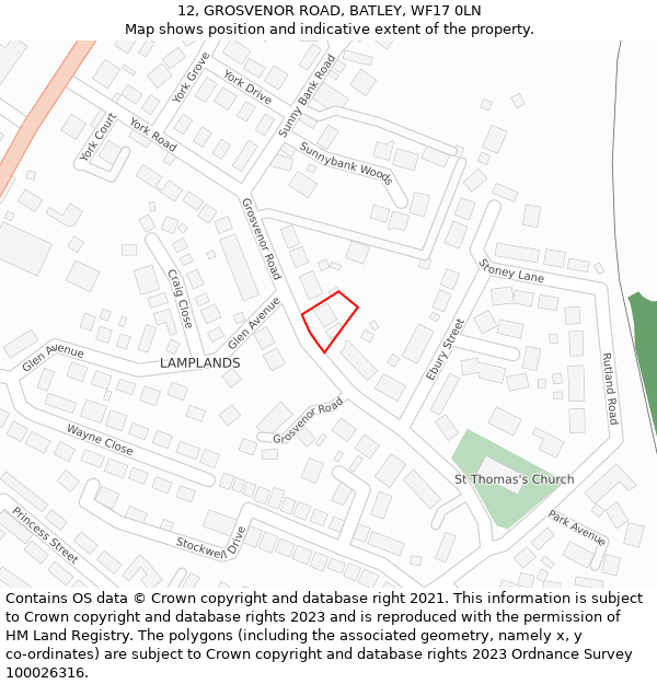 12, GROSVENOR ROAD, BATLEY, WF17 0LN: Location map and indicative extent of plot