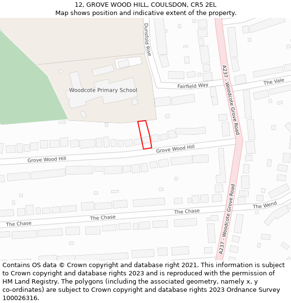 12, GROVE WOOD HILL, COULSDON, CR5 2EL: Location map and indicative extent of plot