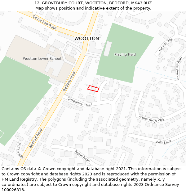 12, GROVEBURY COURT, WOOTTON, BEDFORD, MK43 9HZ: Location map and indicative extent of plot