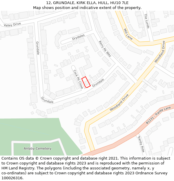 12, GRUNDALE, KIRK ELLA, HULL, HU10 7LE: Location map and indicative extent of plot