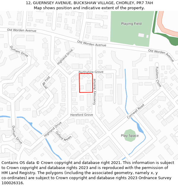 12, GUERNSEY AVENUE, BUCKSHAW VILLAGE, CHORLEY, PR7 7AH: Location map and indicative extent of plot