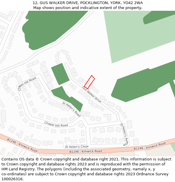 12, GUS WALKER DRIVE, POCKLINGTON, YORK, YO42 2WA: Location map and indicative extent of plot