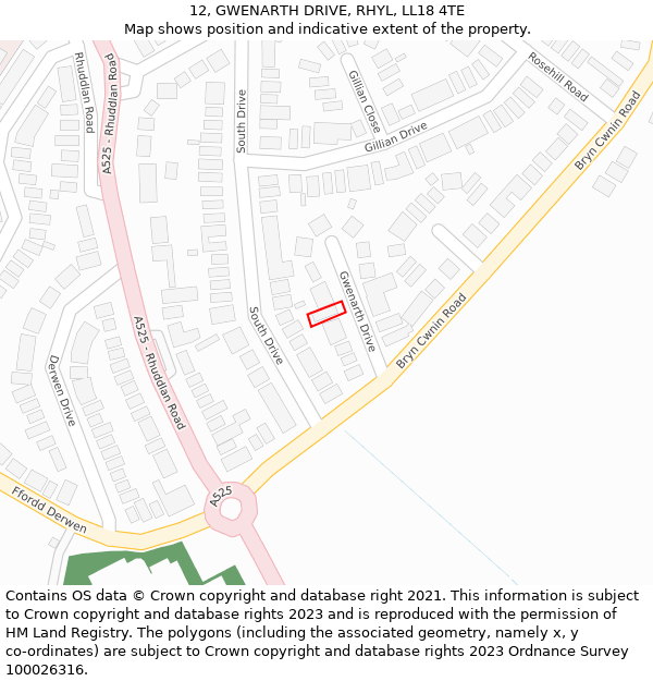 12, GWENARTH DRIVE, RHYL, LL18 4TE: Location map and indicative extent of plot