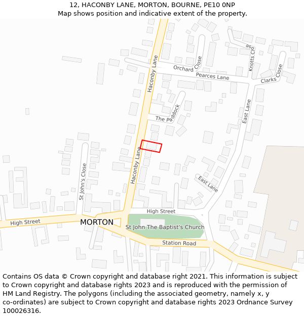 12, HACONBY LANE, MORTON, BOURNE, PE10 0NP: Location map and indicative extent of plot