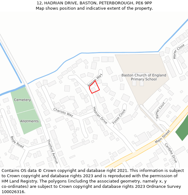 12, HADRIAN DRIVE, BASTON, PETERBOROUGH, PE6 9PP: Location map and indicative extent of plot