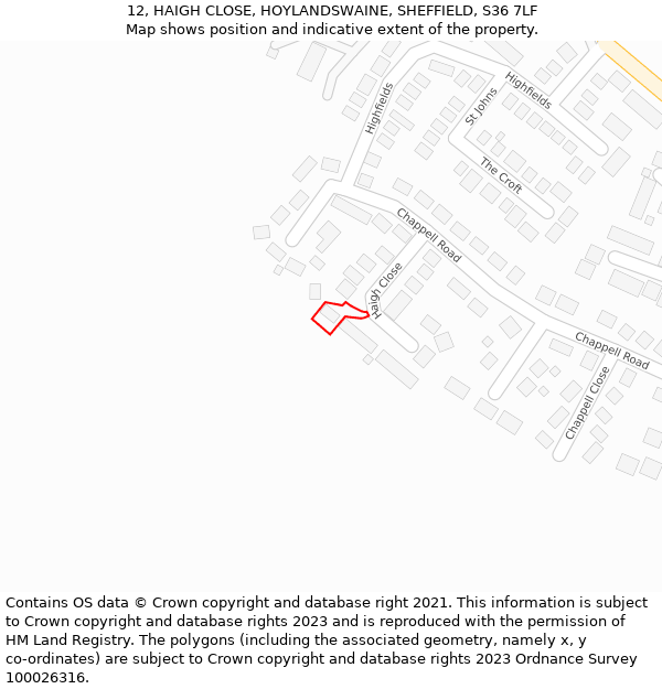 12, HAIGH CLOSE, HOYLANDSWAINE, SHEFFIELD, S36 7LF: Location map and indicative extent of plot