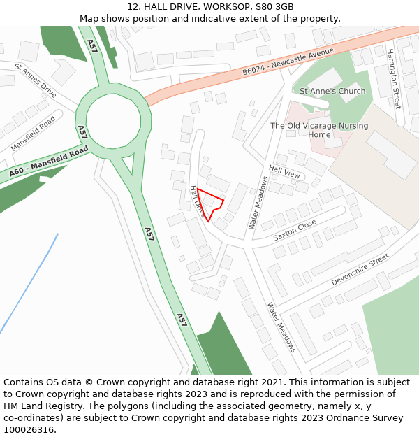 12, HALL DRIVE, WORKSOP, S80 3GB: Location map and indicative extent of plot