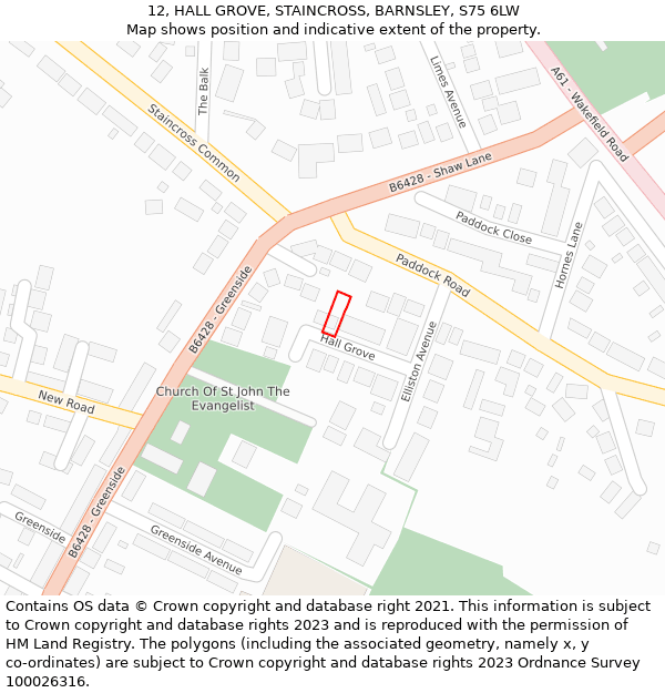 12, HALL GROVE, STAINCROSS, BARNSLEY, S75 6LW: Location map and indicative extent of plot