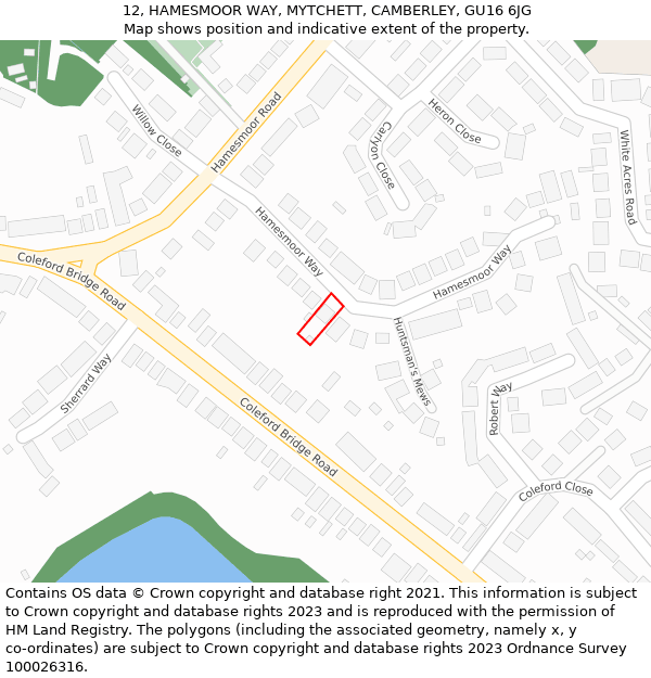 12, HAMESMOOR WAY, MYTCHETT, CAMBERLEY, GU16 6JG: Location map and indicative extent of plot