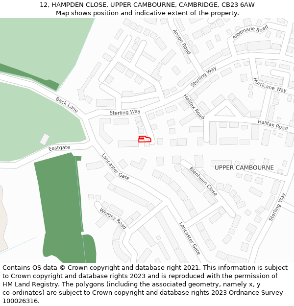 12, HAMPDEN CLOSE, UPPER CAMBOURNE, CAMBRIDGE, CB23 6AW: Location map and indicative extent of plot