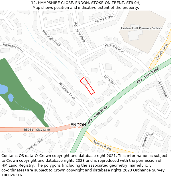 12, HAMPSHIRE CLOSE, ENDON, STOKE-ON-TRENT, ST9 9HJ: Location map and indicative extent of plot